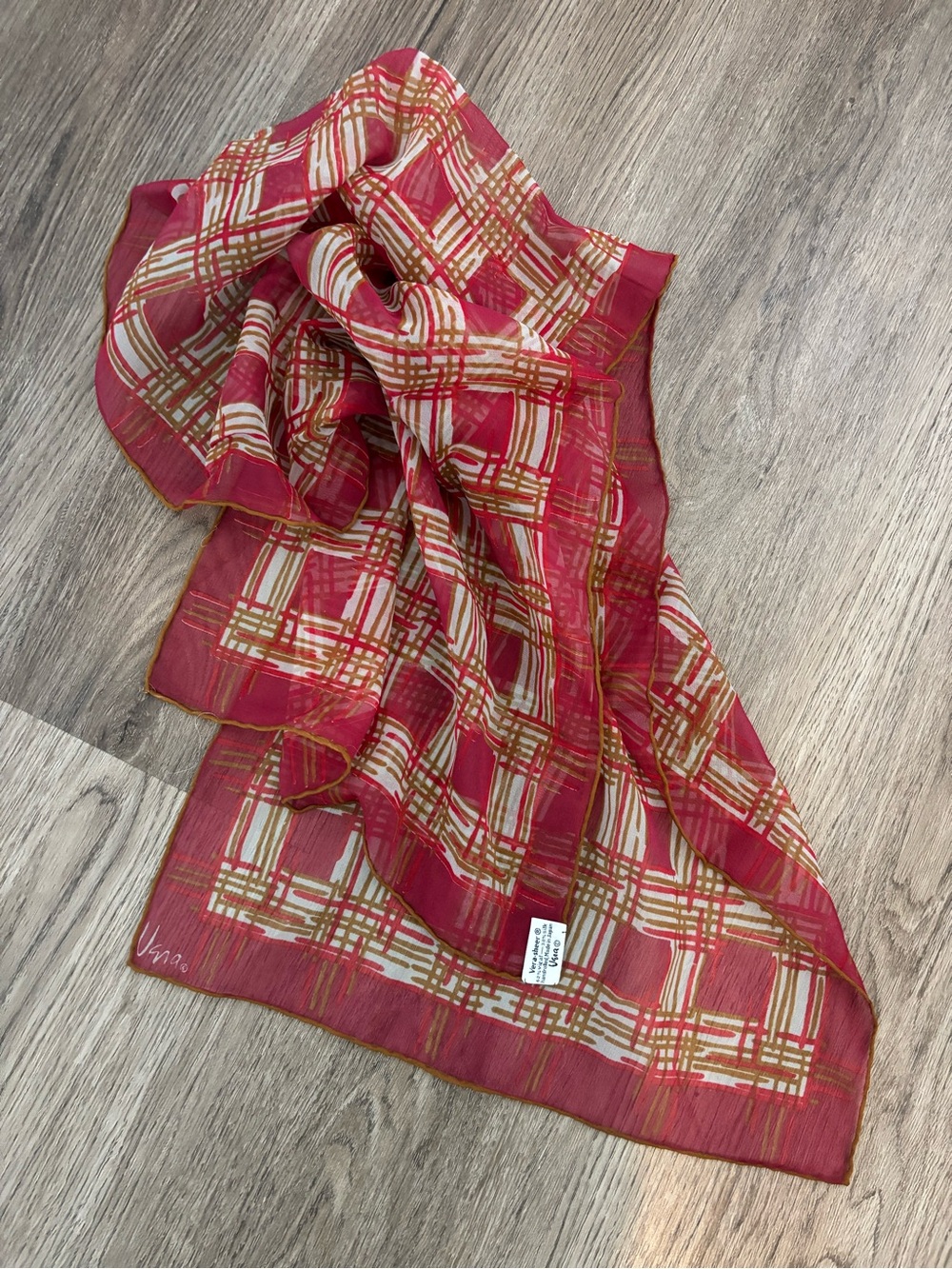 Vintage Vera Neumann Sheer Pink Plaid Handrolled in Japan Silk Scarf